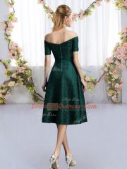 Dark Green Quinceanera Dama Dress Prom and Party and Wedding Party with Belt Off The Shoulder Short Sleeves