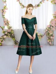 Dark Green Quinceanera Dama Dress Prom and Party and Wedding Party with Belt Off The Shoulder Short Sleeves