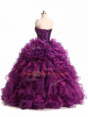 Floor Length Purple 15th Birthday Dress Organza Sleeveless Beading and Ruffles