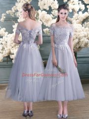 Best Selling A-line Teens Party Dress Grey Off The Shoulder Tulle Short Sleeves Ankle Length Lace Up