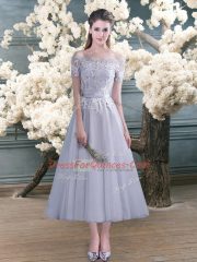 Best Selling A-line Teens Party Dress Grey Off The Shoulder Tulle Short Sleeves Ankle Length Lace Up