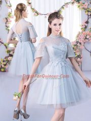 Perfect Short Sleeves Mini Length Lace Lace Up Quinceanera Court Dresses with Grey