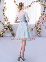 Perfect Short Sleeves Mini Length Lace Lace Up Quinceanera Court Dresses with Grey