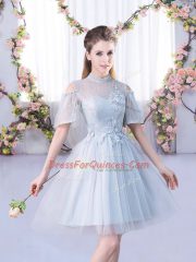 Perfect Short Sleeves Mini Length Lace Lace Up Quinceanera Court Dresses with Grey