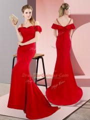 Low Price Straps Sleeveless Satin Prom Gown Beading Sweep Train Lace Up