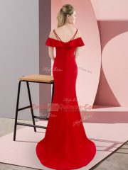 Low Price Straps Sleeveless Satin Prom Gown Beading Sweep Train Lace Up