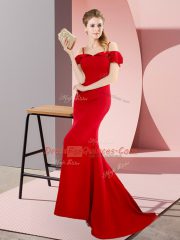 Low Price Straps Sleeveless Satin Prom Gown Beading Sweep Train Lace Up