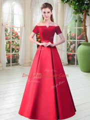 Fitting Red Lace Up Prom Dresses Belt Short Sleeves Floor Length