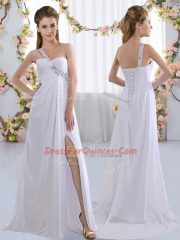 White Empire Chiffon One Shoulder Sleeveless Beading Lace Up Quinceanera Dama Dress Brush Train