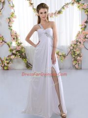 White Empire Chiffon One Shoulder Sleeveless Beading Lace Up Quinceanera Dama Dress Brush Train