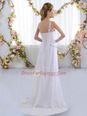 White Empire Chiffon One Shoulder Sleeveless Beading Lace Up Quinceanera Dama Dress Brush Train