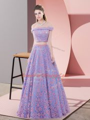 Lavender Party Dress for Girls Prom and Party and Military Ball with Beading Off The Shoulder Sleeveless Zipper