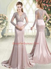 Pink Satin Sweep Train Long Sleeves Beading and Lace