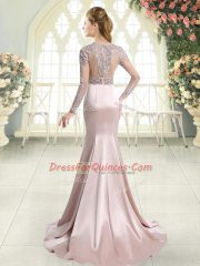 Pink Satin Sweep Train Long Sleeves Beading and Lace