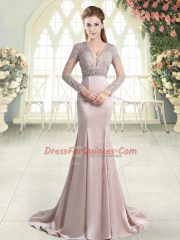 Pink Satin Sweep Train Long Sleeves Beading and Lace