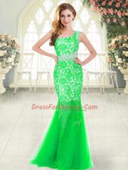 Delicate Tulle One Shoulder Sleeveless Zipper Beading and Lace Prom Dress in Green