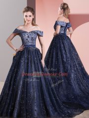 Hot Sale Navy Blue Evening Dress Tulle Court Train Sleeveless Beading