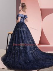 Hot Sale Navy Blue Evening Dress Tulle Court Train Sleeveless Beading