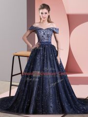 Hot Sale Navy Blue Evening Dress Tulle Court Train Sleeveless Beading