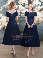 A-line Prom Evening Gown Navy Blue Scalloped Short Sleeves Tea Length Zipper