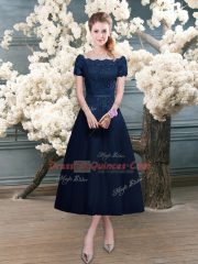 A-line Prom Evening Gown Navy Blue Scalloped Short Sleeves Tea Length Zipper