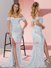 Designer Silver Short Sleeves Ruching Prom Dress