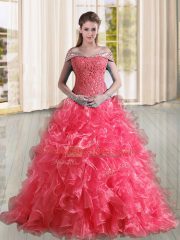 Coral Red Lace Up Off The Shoulder Beading and Lace and Ruffles Ball Gown Prom Dress Organza Sleeveless Sweep Train