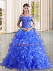 Noble Blue Sleeveless Sweep Train Beading and Lace and Ruffles Quinceanera Gown