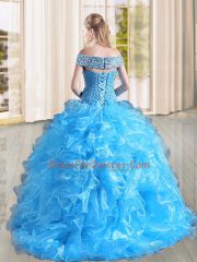 Noble Blue Sleeveless Sweep Train Beading and Lace and Ruffles Quinceanera Gown