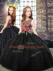 Adorable Black Ball Gowns Scoop Sleeveless Tulle Floor Length Zipper Embroidery Little Girl Pageant Gowns