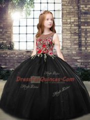 Adorable Black Ball Gowns Scoop Sleeveless Tulle Floor Length Zipper Embroidery Little Girl Pageant Gowns