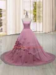 Unique Sleeveless Brush Train Hand Made Flower Lace Up Vestidos de Quinceanera