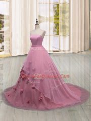 Unique Sleeveless Brush Train Hand Made Flower Lace Up Vestidos de Quinceanera