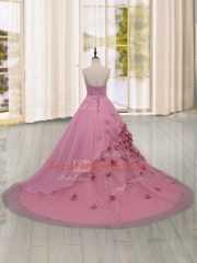 Unique Sleeveless Brush Train Hand Made Flower Lace Up Vestidos de Quinceanera