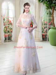 Clearance White A-line Appliques Teens Party Dress Zipper Tulle 3 4 Length Sleeve Floor Length