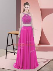 Straps Sleeveless Sweep Train Lace Up Homecoming Dress Fuchsia Chiffon