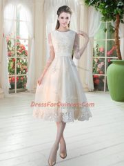 Scoop 3 4 Length Sleeve Prom Gown Tea Length Lace Champagne Tulle