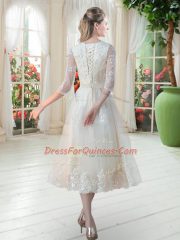 Scoop 3 4 Length Sleeve Prom Gown Tea Length Lace Champagne Tulle