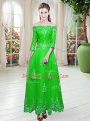 Dazzling Green Off The Shoulder Neckline Lace 3 4 Length Sleeve Lace Up