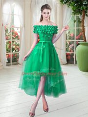 Fantastic Short Sleeves Tulle High Low Lace Up Prom Dresses in Green with Appliques
