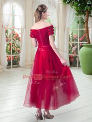 Fantastic Short Sleeves Tulle High Low Lace Up Prom Dresses in Green with Appliques