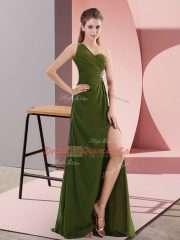 Comfortable Sleeveless Floor Length Beading Backless Prom Evening Gown with Olive Green