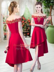 Exceptional Sleeveless Satin Asymmetrical Zipper Evening Dress in Red with Appliques
