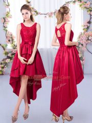 Beautiful Scoop Sleeveless Dama Dress for Quinceanera High Low Appliques Red Satin