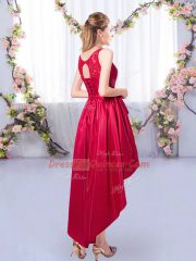 Beautiful Scoop Sleeveless Dama Dress for Quinceanera High Low Appliques Red Satin