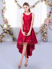 Beautiful Scoop Sleeveless Dama Dress for Quinceanera High Low Appliques Red Satin