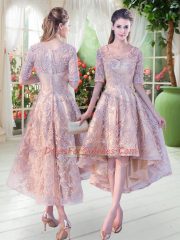 Dramatic Champagne Zipper Dress for Prom Half Sleeves High Low Lace