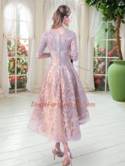 Dramatic Champagne Zipper Dress for Prom Half Sleeves High Low Lace