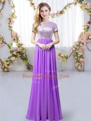 Designer Chiffon Short Sleeves Floor Length Court Dresses for Sweet 16 and Sequins