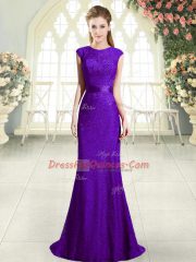 Sweet Dark Purple Mermaid Lace Scoop Sleeveless Beading Backless Prom Gown Sweep Train